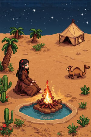 Pixel art scene of a vast desert oasis at dusk. A young nomad girl with long black hair and striking green eyes sits by a small campfire. Her traditional robes flow in earthy tones. Palm trees and a small pool reflect the setting sun. The girl's tent is nearby, made of weathered fabric. A camel rests in the background. The sky transitions from deep blue to orange, with pixelated stars appearing. Cacti and desert flowers dot the landscape.,pixelartsd3