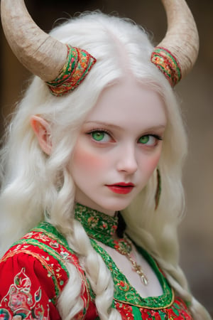 An albino devil girl (long intricate horns: 1.2) in traditional Italian and Sardinian costume, endlessly beautiful emerald eyes, her ethereal presence accentuated by the transparency of her pale skin, her striking emerald eyes radiating an otherworldly glow,
Break
Wrapped in the vibrant colors and intricate designs of her artistically embroidered blouse, colorful skirt, apron, and Sardinian folk costume in red and white tones, she exudes an enchanting allure that transcends the realms of fantasy and reality,photo_b00ster