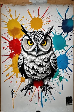 The urban canvas features a lively, life-like owl inspired by street art, depicted in a dynamic and lively pose that gives the impression of: With vitality and movement, people create visually appealing compositions, appealing and urbane artwork. painted world, colorful splash, amazing quality, art station, ink, color splash