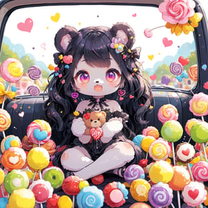 Pastel Candy Art,cute furry Teddy bear,Emphasize the unique synthesis of styles, in car,Gothic earrings,
heart \(symbol\),Candy\(symbol\), 
,colorful,chibi emote style,artint,sticker,furry,furry girl