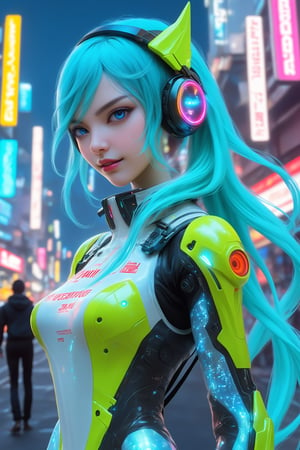 SCORE_9, SCORE_8_UP, SCORE_7_UP, SCORE_6_UP,
1girl,cyberpunk elf girl,Hatsune Miku,smile☺,She has sleek metallic Racing suit with neon-lit circuits and glowing interfaces, Her pointed ears feature high-tech devices, and her eyes emit a soft, luminescent glow, enhanced with augmented reality overlays. Vibrant, electric-colored hair flows down her back, intertwined with fiber-optic strands that pulse with data. She wears a fitted, futuristic bodysuit with intricate, glowing patterns, and her cybernetic limbs are equipped with advanced weaponry and tools. She moves through a neon-drenched urban landscape, blending organic grace and technological sophistication, embodying the essence of a cyberpunk elf.,xl_cpscavred,txznmec,racingmiku2022,Realistic Blue Eyes