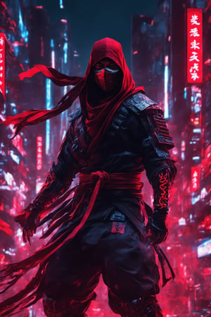 hyper Realistic, Extreme Detailed, (glitch Noise), 1 man, he is a ninja Slayer, ninja killing ninja, Dressed in crimson ninja costumes (only red color:1.4),Draped in a rich crimson garb, the ninja adorns a traditional shinobi head covering and a face-concealing mask, (crimson red Ninja costume), (wearing a very very long red scarf:1.2), (no-weapon:1.2), wearing gauntlet, they fight in the darkness of the city, Wearing a ninja mask with kanji written on it,face with shadow,(Eyes Emit strong red Light and leave a band of light:1.2), He doesn't have a weapon, raise fist Fighting pose in anger, furious, The ninja burns with anger over the death of his wife and child, and vows revenge and throws himself into a reckless battle.Brake, heavy acid rain, CyberPunk, The streets of Tokyo lined with futuristic mega buildings, golden cube floating in the sky

,Obsidian Enigma Art Style,Gric,photo r3al,neon,LegendDarkFantasy,Ninja