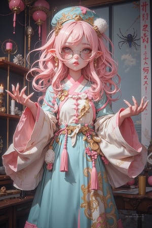 A cute and creepy cosplay of a Chinese Jiangshi (prancing vampire) with a kawaii twist. The character wears a traditional Chinese outfit in pastel colors, with a light blue skirt with pink trim and a pale pink top with ornate designs. The outfit is decorated with gold embroidery and tassels,
The character has long, curly pink hair and pointy elf-like ears. She wears a small hat with a pom-pom tilted to one side,
She wears round, oversized glasses that give her a nerdy, cute look,
Her facial expression is a mix of cuteness and emptiness, and her eyes are wide open behind the glasses,
The background is a modern room with gothic elements such as candles and spider webs, which contrasts with the character's cute appearance,
The lighting is soft and dreamy, complementing the pastel colors and eerie atmosphere,
An ultra-detailed 8K resolution cosplay photography style influenced by both kawaii culture and horror aesthetics,Jiang Shi,Cosplay