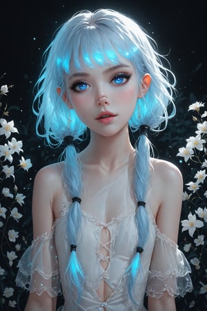  delicate albino Pixie girl,crystal hair,
Beautiful blue eyes, soft expression, (heavy black eyeshadow:1.2), Depth and Dimension in the Pupils,Seven-colored hair that shines vaguely,(colorful hair),
She stands in stillness, adorned with soft, pale-colored petals and delicate flowers cascading from her hair, creating a dreamlike beauty. Her eyes, silver or pale blue, convey mystery and wonder as she moves gracefully through the enchanting landscape.,zavy-hrglw,Rainbow haired girl 