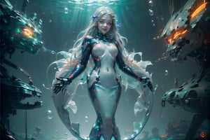  (((mechanical mermaid)),(Solo), best quality, (((silver mechanical body))), ((green neon light)), (long white hair), ((underwater)), ((bubbles)),  ((full body)), ((very pale skin)), (looking at viewer), ((glowing orange eyes)), (shiny skin), (smile), (expressionless),,MERMAIDBONDAGE,mecha musume,High detailed ,fantasy