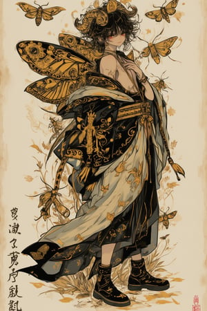 Decadent illustration, beautiful androgynous male, moth motif, 8k resolution, detailed anime style. Gold, black, and white color scheme. Elaborate layered kimono with moth wing patterns, flowing fabrics. Curly black hair with golden ram horns. Pale skin, sharp features, mysterious expression. Large moth wings attached to back, intricate eye-spot designs. Ornate golden accessories, tassels, and embroidery. Baroque-inspired clothing details. Slender figure in elegant pose. Moth antenna headdress. Black and gold boots. Vintage entomology-style moth illustration in background. Soft, diffused lighting. Textured paper effect. Art nouveau and Japanese aesthetics blend. Hyper-detailed fabric patterns and insect anatomy.,dal