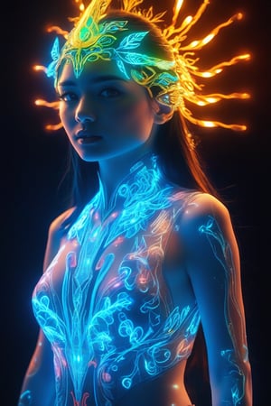 Hologram shaman girl,Nordic Girl, hologram,psychedelic overload covered in intricate neon bioluminescent filigree, black backdrop background, dynamic portrait, hyperrealism, highly detailed RAW color art, bokehrainbow hologram, , futuristic, transparent body,neon tube,rainbow colors,aesthetic,neon photography style,ohwx woman