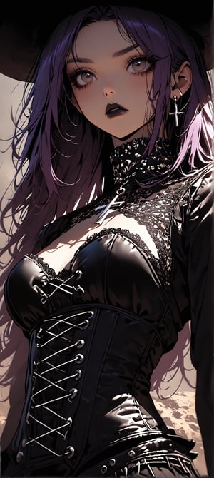 (cowboy shot),1Girl,Gothic cowgirl portrait, fierce determination in her gaze. Long, flowing purple hair framing face. Dark, smoky eye makeup accentuating intense eyes. Full, pouty lips with dark lipstick. Ample cleavage visible. Black leather cowboy hat with silver studs. Intricate lace-up corset top,black long combat boots
,Ornate silver cross necklace,Dramatic lighting emphasizing facial features. Gritty desert background. Blend of Western and Gothic aesthetics. Hyper-realistic skin textures and fabric details