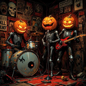 A dark horror-themed illustration of a four-piece band performing,
The musicians wear black bodysuits with a white skeleton print. The members' heads are replaced with carved jack-o'-lantern pumpkins that glow eerily from the inside,
The drummer is playing hard on a silver drum kit on a raised platform,
The guitarist plays an electric guitar and the bassist plays a vintage bass. The lead singer in the center leans on a microphone stand,
In the background, vintage horror movie posters are pasted on top of each other in a chaotic collage. The posters feature classic monsters, screaming faces and bold typography,
The messy posters,
Low-angle view, captures an intense performance in a dynamic pose,
The orange glow of the pumpkins contrasts with the dark shadows and muted poster colors. Occasional red accents are used for emphasis,
A grunge-esque textured art style with sharp, inky lines and rough shading. Halloween themed details: bats, spider webs in the corners, ,aidmaabdhr,