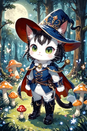 Cute fairy cat,Adorable Cait Sith fairy, dressed as Early Modern European musketeer, feline features with mystical aura, large expressive eyes, whiskers, pointed ears, wearing plumed cavalier hat, ornate doublet with lace collar, cape, breeches, and tall boots,magical sparks around paws, forest glade background with mushroom circles, misty atmosphere, moonlit scene, detailed fur textures, blend of photorealism and whimsical fantasy style,dal-6 style