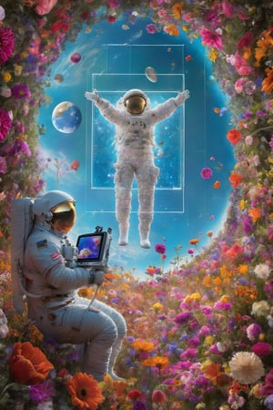 Many flowers covering the screen, a planet of flowers, Astronauts descending on the planet of flowers, Astronauts is holding a TV monitor, and a Vitruvian human figure is displayed on the monitor.,astronaut_flowers