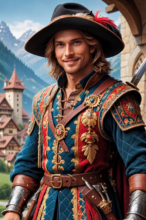 A 1man, handsome face,smile, Landsknecht, a medieval Swiss mercenary, stands tall with a sword in his hand, exuding strength and power, dressed in a gaudy elaborate leather outfit, feathered hat and flowing cloak, all adorned with intricate patterns and decorations, a masterpiece of craftsmanship.,Handsome boy,abmhandsomeguy
