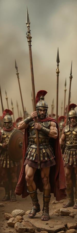 A meticulously crafted, high-end custom figure,
 "Create an ancient Macedonian soldier holding a terrifyingly long spear, known as a sarissa. The soldier is wearing traditional Macedonian armor, including a bronze helmet with a crest, a cuirass, and a short skirt made of leather strips. He is positioned in a battle-ready stance, gripping the enormous sarissa with both hands, the spear towering far above him. The sarissa is depicted with a long wooden shaft and a sharp iron tip. The background features a dusty battlefield, with the soldier standing among other Macedonian phalanx warriors, their long spears forming a dense wall of deadly points. The overall aesthetic evokes the power and discipline of the ancient Macedonian army,resin