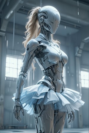 Concrete walls, bright light and soft rain falling from the ceiling, splashes,curvy,
Sleek female android wearing a ballet dancer's tutu, the android's entire body is made of reflective metal with a subtle bluish mirror-like finish.
Body details:
- Smooth curved surfaces with no seams,
- Highly polished surfaces that reflect distorted surrounding views,
- Faint blue metallic sheen in sunlight,
Head:((Featureless metal face)),((Very long blonde Pigtails hair:1.2)),
Pose: Gracefully posed,
Lighting: Complex reflections and caustics from the water on the lower body,
Photorealistic rendering highlighting accurate metal properties and reflections. A balance of aesthetic appeal and technical marvel, cyborg style, mecha,ek_ph0t0_b00ster,hanxhelm,Frozen