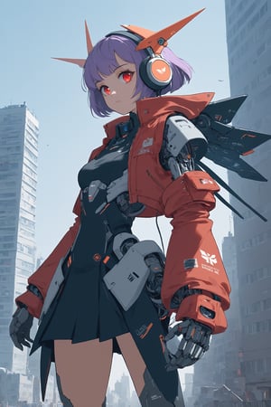 1girl, solo,cyborg mecha Girl, breasts, looking at viewer, short hair, bangs, red eyes, gloves, standing, jacket, purple hair, small breasts, outdoors, open clothes, from side, headgear, headphones, building, red jacket, science fiction, city, mecha musume,txznmec,bingnvwang,anime,diathornstyle,action shot