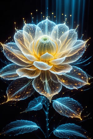 In the dim shadows,hologram dahlia of shimmering gold bursts forth, each petal aglow with an ethereal luminescence, Its radiant hue casts a warm, inviting glow, infusing the surrounding darkness with a touch of celestial splendor, With each delicate fold, the flower emanates a soft, pulsating light, ,noc-wfhlgr,Color Splash