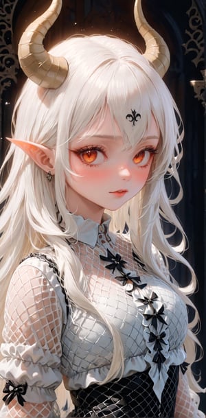1 girl, (masterful), albino demon girl ,(white dreadlocks,mesh fishnet blouse, (long intricate horns:1.2),best quality, highest quality, extremely detailed CG unity 8k wallpaper, detailed and intricate, goth person