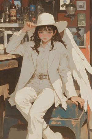  Western saloon,1 Girl,where a little girl dressed in a pure white cowboy costume sits on the counter. Her outfit includes a white cowboy hat, a tailored shirt, fringed jacket, and well-fitted trousers, all in pristine white. Polished boots and a classic belt with a silver buckle complete her look. Adding a touch of ethereal charm, she has pure white wings gracefully extending from her back,AngelStyle,wings,better photography,aesthetic portrait,dal-1,lyh,anime,mia,animaport