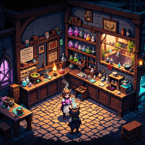 Isometric pixel art ,fantastical alchemist shop, 16-bit style, female anthropomorphic dog shopkeeper, magical potions and ingredients, steaming cauldrons, ancient spell books, crystal balls, glowing runes, floating herbs, colorful liquids in glass vials, wooden shelves filled with curiosities, enchanted artifacts, medieval fantasy setting, warm candlelight, cobblestone floor, cluttered workbench, magical symbols etched on walls, bubbling experiments, mystical smoke effects, cute pixelated characters, vibrant color palette, retro game aesthetic, detailed micro scenes, alchemy apparatus, mortar and pestle, star charts, dragon eggs, fairy dust jars, magical wands, quirky fantasy elements, cozy shop interior, charming pixel details, depth through dither shading, isometric perspective grid, clean pixel edges, no anti-aliasing,Pixel Art,Color,1girl