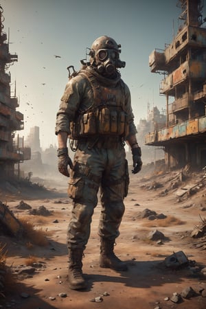 Imagine a post-apocalyptic world where a middle-aged man, clad in military gear and wearing a gas mask, stands solemnly amidst the desolation of a ruined city. The landscape is bleak, with dilapidated buildings, crumbling infrastructure, and a sky tainted by remnants of catastrophe.

The man's attire, equipped with protective layers and a gas mask, reflects the harsh reality of the environment. The subdued color palette emphasizes the somber mood, with muted tones contributing to the overall sense of desolation.

This composition captures the essence of a post-apocalyptic scene, portraying resilience and solitude in the face of a world forever altered by disaster.,Comic Book-Style,stalker,dual pistols
