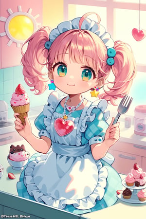 1girl,vtuber anime character design,
adorably kawaii girl cooking in a pastel pink kitchen. She wears a puffy-sleeved dress with a heart-patterned, frilly gingham apron in baby blue and white. Her rosy cheeks dimple as she smiles sweetly, eyes sparkling like stars. Fluffy pigtails tied with oversized polka-dot bows bounce as she stirs a bowl. Colorful, star-shaped sprinkles float magically around her. She wears strawberry-shaped earrings and a cupcake necklace. The kitchen is decorated with smiling anthropomorphic utensils and appliances. A happy sun peeks through heart-shaped windows. Pastel rainbow-colored cupcakes cool on the counter. Tiny, kawaii animals in chef hats assist her,

LOVE+PIECE+ICECREAM! The fancy I'm looking for all over the world Holding a sweet,
 melting miracle in your hands LOVE...CHOP!! ,
L・O・V・E・&・P・E・A・C・E・& Our HOT and COOL DIVA！,
HEY! You KNOW! Ice cream! How great! Mellow and Glow LIKE A Fever！
 Kissable and solid flavor！,
 fighting is NO-GOOD!
 Topping strawberry with love Boring! 
The important thing is These are the three things I'm going to tell you!,………LOVE+PIECE+ICECREAM！
,anime style,anime girl,future0615