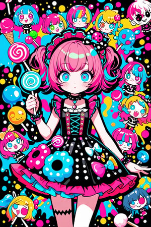 children's doodle style,
Colorful pop art, candy pop, lollipop punk, brightly colored berry beans, emo pink lolita girl,big Eyes,A dress made of jelly and ice cream,
 maximalism design,emo,dal-6 style,Color Splash