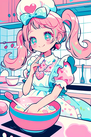 1girl ,vtuber anime character design,love＋peace＋ice cream,
adorably kawaii girl cooking in a pastel pink kitchen. She wears a puffy-sleeved dress with a heart-patterned, frilly gingham apron in baby blue and white. Her rosy cheeks dimple as she smiles sweetly, eyes sparkling like stars. Fluffy pigtails tied with oversized polka-dot bows bounce as she stirs a bowl. Colorful, star-shaped sprinkles float magically around her. She wears strawberry-shaped earrings and a cupcake necklace. The kitchen is decorated with smiling anthropomorphic utensils and appliances. A happy sun peeks through heart-shaped windows. Pastel rainbow-colored cupcakes cool on the counter. Tiny, kawaii animals in chef hats assist her,,anime style,anime girl,future0615