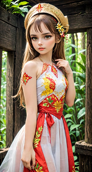  Slavic Young girl, wearing a seductive Vietnamese ethnic costume yem, blending the traditional attire of Vietnam with the allure of a Slavic beauty. The yem, with its form-fitting design and intricate detailing,,ao_yem