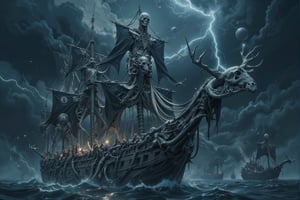 Massive ghostly galleon constructed entirely from human bones and giant skeletons. Towering sails made of translucent, stretched skin. Rigging of twisted sinew and hair. Hull formed by interlocking ribcages and femurs. Deck planks of flattened skulls. Masts are towering spinal columns. Figurehead is an enormous moose skull, antlers spread wide. Skeletal crew frozen in various poses. Tattered black flags with bone motifs. Ship glows with faint, otherworldly blue light. Wisps of spectral mist curl around the vessel. Dark, stormy sea beneath. Lightning illuminates the macabre details. Scale emphasized by tiny normal ships in distance. Hyperrealistic bone textures. Eerie, foreboding atmosphere. Blend of naval and anatomical accuracy with supernatural elements.,Skeletons From Abyss,FuturEvoLabFigure