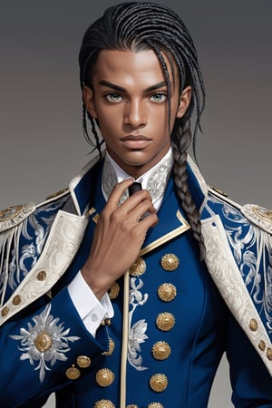 Extreme detailed,Realistic,solo,aesthetic art,
official art, extremely detailed, Extreme Realistic, african beautiful teen boy,beautifully detailed eyes, detailed fine nose,((long hair)),
long braid hair, detailed fingers,muscle body, wearing extremely detailed luxury male Prince Albert coat, high quality, beautiful high Detailed white short hair,boy,emo,Perfect Hands