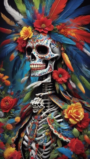 Imagine god of death,holy creature born, stunning skeleton adorned in the vibrant motifs of Mexican culture, inspired by the traditions of Dia de los Muertos. Painted with intricate designs in bold colors like red, blue, yellow, and green, its bones come to life with floral patterns and symbolic imagery. Adorned with flowers, feathers, and beads, this ornate skeleton pays homage to Mexico's rich cultural heritage and celebrates the beauty of life and death.,skll,LegendDarkFantasy,Decora_SWstyle