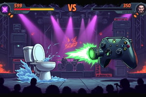 A pixel art fighting game screen, 16:9 ratio. Left side: a high-tech Japanese toilet seat (white porcelain, electronic control panel visible) floating in battle stance, shooting water jets. Right side: Xbox controller (black with signature Xbox green accents, glowing Xbox button) unleashing energy attacks. Simple fighting game HUD: health bars top screen, timer showing "99". Battle scene: toilet seat performing water blast special move, Xbox controller counter-attacking with green digital energy waves. Background is heavy metal concert stage: metal scaffolding, huge speakers, laser light shows in purple and red, pyrotechnic flame effects. Simple battle effects: water spray particles, digital pixel waves, basic impact flashes. Stage lighting: dramatic spotlights, strobe effects, neon accents. Crowd silhouettes headbanging in foreground. Metal band equipment visible: drum set, guitar amps, mike stands. Pixel art style like Guilty Gear, bold and energetic visuals. Visual effects: water splashes, controller button flashes, basic lighting highlights on porcelain and controller surface. Heavy metal aesthetic with industrial metal elements and gothic accents in background.,fighting game UI PC VERSION "VS" fight