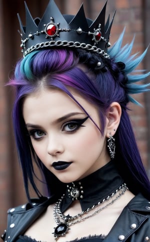 cowboy shot, girl in Gothic punk fashion, adorned with a luxurious crown,
Gothic make up,multi color hair,
that complements the edgy aesthetic. Picture her wearing a stylish ensemble featuring dark, intricate details, accessorized with spikes, leather, and chains. Emphasize the contrast between the punk elements and the opulence of a regal crown. Ensure a visually striking representation that seamlessly combines the rebellious spirit of Gothic punk fashion with the elegance of a lavish crown through innovative image generation techniques.",goth person,uwudemon