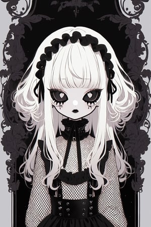 Shoujo manga style,1girl,ultra cute, Harajuku Style grunge fashion with kawaii and Lolita themes, albino demon girl,(pure white 
long hair),(black sclera;1.2),luxury mesh fishnet blouse,dal-1,ct-niji2,black hands,greg rutkowski