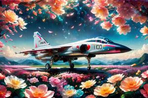 sleek jet fighter, enveloped by a field of beautiful flowers, stands as a striking juxtaposition of power and elegance. Amidst the vibrant petals, the metallic fuselage of the aircraft gleams, contrasting sharply with the natural surroundings. The flowers, delicate and colorful, seem to embrace the fighter, softening its imposing presence with their beauty,Mitsubishi T2,glitter