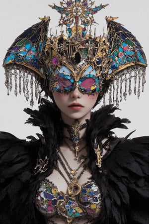 Highly detailed portrait of a woman wearing an extravagant, gothic-inspired headdress and jewelry, blindfolded,
The headdress resembles a cathedral, with intricate stained glass windows depicting religious scenes,Elaborate metalwork frames the windows, with dangling chains and tassels. The headdress extends outwards like wings, adorned with more metalwork and jewels. A mask covers the upper half of the face, made of ornate gold filigree and studded with gemstones, leaving only the lips visible. Around the neck is a thick collar of black feathers. An ornate chest piece covers the upper body, featuring religious iconography, gemstones, and intricate beadwork. Multiple necklaces with crosses and pendants hang below. The overall style is a mix of gothic, religious, and steampunk aesthetics. Hyperrealistic, studio lighting, 8K resolution.,blindfolded flower,Made of adrr-zllj,dal