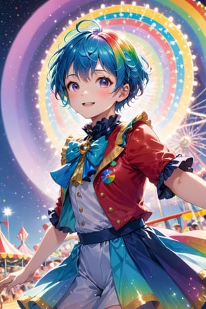 Pan Shot, a playful anime character dissolving into sparkling, magical particles, transforming into vibrant, rainbow-colored paint, radiating with joy and excitement, illuminated by shimmering starlight, inspired by the Akihiko Yoshida, tilted frame, looking at the camera, Telescope lens, with a whimsical carnival as the background