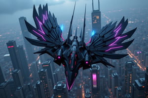 "A futuristic, high-tech fighter jet in a sleek, cyberpunk style, soaring through the sky with mechanical black wings resembling those of a raven. The jet's design is angular and cutting-edge, with neon lights in hues of electric blue and violet tracing along its dark, matte-black body. The wings are intricate, made of segmented metal plates that give a feather-like appearance, with glowing accents that pulse as the aircraft moves. The jet's cockpit, with a minimalistic but advanced HUD display, is streamlined into the overall body. Below, a sprawling cityscape of towering skyscrapers and neon lights shines, enhancing the cyberpunk atmosphere as the fighter jet streaks through the air like a futuristic bird of prey.",Angelic Knight,FuturEvoLabArmor