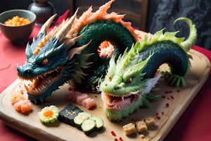 Dragon-themed sushi, where the culinary artistry blends Japanese cuisine and mythical inspiration. The dish showcases meticulously crafted sushi rolls resembling dragons, with avocado scales, fish fillet bodies, and seaweed wings. The dragon's head, often formed from a combination of ingredients, adds a visually stunning and flavorful touch. This creative fusion not only satisfies the palate with delicious sushi but also captivates diners with its imaginative presentation.,Dragon,Dragon themed ,Chinese Dragon,Dragonyear 