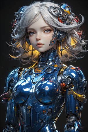 Female cyborg,full body figure,highly polished blue metallic body reflecting light like a mirror surface, Face crafted from pure white alabaster resembling a gothic porcelain doll with delicate features, Large luminous eyes with intricate mechanical iris patterns, Ornate gothic hair ornaments made of alabaster and silver filigree with small mechanical details, Long flowing synthetic hair styled in elegant victorian curls, Multiple vivid cables extending from neck area in bright red yellow and white creating a dramatic contrast against blue body, Cables have a glossy plastic finish and gentle curves like ribbon streamers,Body constructed of smooth curved panels with visible joint sections, Mirror-finish blue metal reflecting environment creating complex light patterns, Mechanical parts visible at joint areas with precise technical details, Graceful feminine proportions with elegant posture, Doll-like hands with visible mechanical articulation at fingers, Gothic-inspired design elements integrated into mechanical parts, Subtle LED lighting effects in eyes and joint areas, Expression serene and doll-like yet hints at artificial intelligence, Contrast between cold mechanical body and delicate porcelain features, Interior mechanical parts glimpsed through strategic transparent panels, Metallic surface transitions seamlessly to porcelain features at neck area,PorcelainDollPrincess,\mechako\