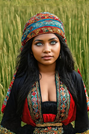 Super detailed, super realistic,beautiful african girl,Curvy body,
She wears old folk costume, long straight black hair,
colorful maria-veil on head,Yakuts folk costume of Siberian minority, beautiful crystal blue eyes, almond eyes, Slouching position, cleavage,intricate textile decorated with colorful and intricate geometric patterns,  decorative embroidery, clothes in earth colors such as black, red and green,beautiful reed meadow landscape,
,Portrait