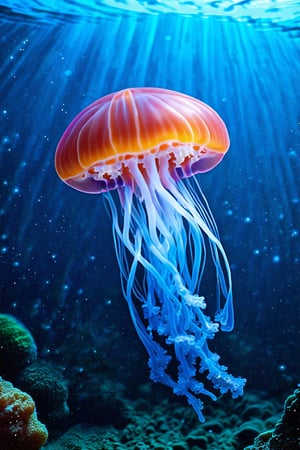 ultra Beautiful jellyfish,Ultra detailed illustration, raw photo, photo, photorealism, photography, particles colorful, cmyk colors,soft natural volumetric cinematic perfect light,ek_real_b00ster