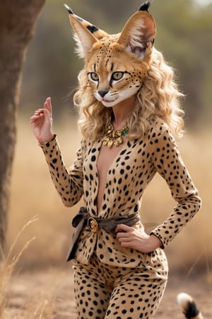  personified serval cat girl, embodying the grace, curiosity, and independence of her feline counterpart. With soft, spotted fur and expressive eyes, she captivates with her playful charm and alertness. Adorned in a whimsical ensemble inspired by the African savannah, she exudes a blend of wild beauty and human-like personality,catgirl