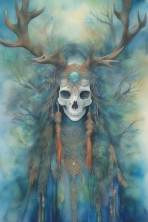 A shaman girl with a large moose skull on her face, The strange decoration of dead branches, the mysterious and brightly colored Celtic shaman costume, and the girl is surrounded by a mysterious aura.,extremely detailed,watercolor \(medium\)