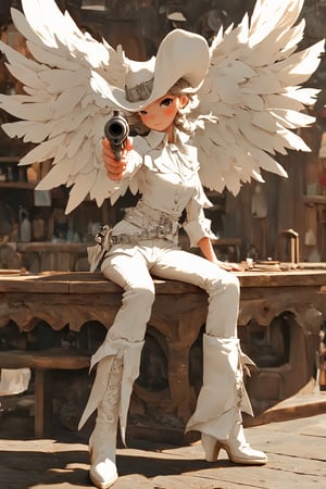  Western saloon,1 Girl,where a little girl dressed in a pure white cowboy costume sits on the counter,pointing a gun at viewer, pistol , Her outfit includes a white cowboy hat, a tailored shirt, fringed jacket, and well-fitted trousers, all in pristine white. Polished boots and a classic belt with a silver buckle complete her look. Adding a touch of ethereal charm, she has pure white wings gracefully extending from her back,AngelStyle,wings,better photography,aesthetic portrait,dal-1,gunatyou