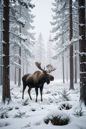 "A cold, dimly lit Nordic forest amidst a fierce snowstorm. The howling blizzard, with swirling white flakes, creates a whiteout effect, reducing visibility and enveloping the entire scene in a freezing, almost otherworldly atmosphere. In the midst of this frigid landscape stands a majestic, snow-covered moose, its large antlers coated in ice and snow. The moose remains motionless, a solitary figure against the backdrop of tall, dark pine trees that are barely visible through the thick snowfall. The entire scene is shrouded in a hushed, eerie silence, broken only by the sound of the wind and the falling snow, emphasizing the harsh, cold beauty of the northern wilderness.",ruanyi0715,DonMSn0wM4g1cXL