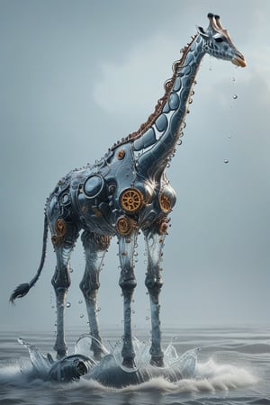 watce, a giraffe made out of water and mechanical gear, standing in the water with bubbles,A giraffe with a gear body wrapped in liquid flesh,Mechanical,intricately constructed 