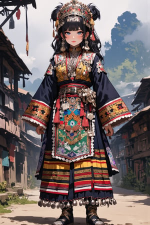 anime style,1Girl,16yo,A young Hmong girl in northern Thailand wearing an opulent traditional bridal costume. Vibrant, multi-layered outfit with intricate embroidery and silver coin decorations. Elaborate headdress adorned with colorful tassels, beads, and dangling silver ornaments. Heavy silver necklaces and large earrings frame her face. Richly embroidered jacket in deep indigo with geometric patterns in red, yellow, and green. Wide pleated skirt with bold horizontal stripes and detailed needlework. Ornate silver belt with hanging charms. Embroidered apron with intricate designs. Legs wrapped in indigo leggings with embroidered ends. Traditional cloth shoes with pointed toes. She stands in a misty mountain village with traditional Hmong houses in the background,by Midjourney_Whisper, adrr-zllj,HMong clothes,1girl,lyh