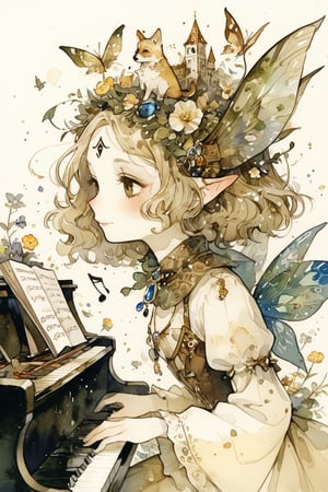 fairy tale illustrations,Simple minimum art, 
myths of another world,
pagan style graffiti art, aesthetic, sepia, ancient Russia,(holy bard),
A singing fairy queen face filled with flowers, a dog playing the piano, and a musical note mark floating in the air.
watercolor \(medium\),jewel pet,Deformed,furry girl
