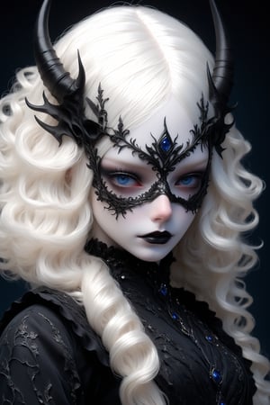 albino demon Princess,Beautiful blue eyes,(Long deer horn: 1.2),black metal mask with a geometric pattern,((mask))
,dressed in a cyberpunk-inspired Rococo dress. The doll features intricate joints, allowing for lifelike poses. Her dress merges the ornate elegance of Rococo with futuristic cyber elements. The fabric is a mix of rich silks and metallic materials, adorned with elaborate lace and digital patterns that glow subtly, while the skirt flares out in layers, combining traditional Rococo volume with sleek, modern lines. Her hair is styled in a powdered wig, interwoven with fiber optic strands, ,